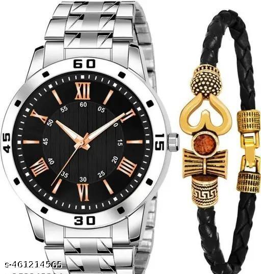 Metal Strap Watch With Mahadev Bracelet Combo For Men And Boys (Pack of 2)
