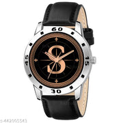 Talgo Analog Round Black Dial ALPHABET S Design Stylish Black Leather Strap Classic Design Fancy Wrist Watch for Men and Boys, Pack of 1 - ALPHA-S-AVO-SIL-BLK-L