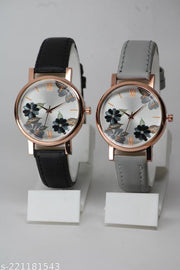 Attractive Flower Design Lather Belt  Analog Watches Combo For Girls & Women