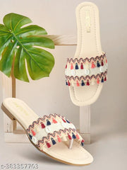BAMBAM Women's Elegant Embroidered Woven Strap Flat Sandals | Fashionable Tassel Detail Comfort Wear Footwear for Casual & Travel Use