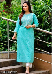 Turquoise Blue Kurti, Blue Embroidered Kurti, Women Straight Kurti, Floral Embroidery, Ethnic Wear, Daily Wear Kurti, Office Wear Kurti, Designer Kurti, 3/4 Sleeve Kurti, Women Fashion