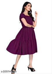 Women Rayon Solid A-Line Flared Kurti | Stylish Puff Sleeve One Piece Dress| Party Wear Dress Under 199 | Wine
