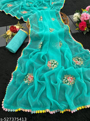 Beautiful Shimmer Silk Embroidery Work Multicolor Lace Border Saree With Art Silk Blouse Piece