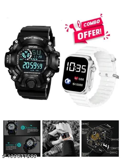 Digital Shockproof Multi-Functional Black Colour Strap Waterproof Digital Sports Watch for Men's Kids Watch for Boys Pack of 2| Digital Dial Black Solid Design Strap Multi Functional Sports Watch for Men & Boy