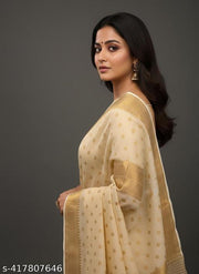 Top trending latest party wear/wedding Women's Jacquard Weaving Cotton Silk Saree with Elegant Border | Beige Color Traditional Saree for Wedding, Festive & Party Wear