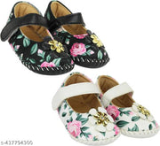 Neska Moda 6 To 12 Months Baby Girls Belly Shoe Fancy Partywear Floral Soft Velcro Sandal Booties (Toe to Heel Length - 12 cm, Black, White)-BT1643andBT1644