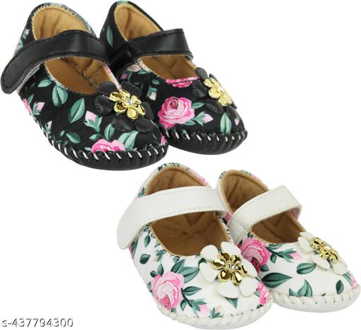 Neska Moda 6 To 12 Months Baby Girls Belly Shoe Fancy Partywear Floral Soft Velcro Sandal Booties (Toe to Heel Length - 12 cm, Black, White)-BT1643andBT1644