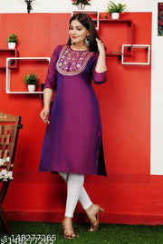 Neha Purple New Stylish ArtSilk Round Neack with Emrodery work  Kurti for Women