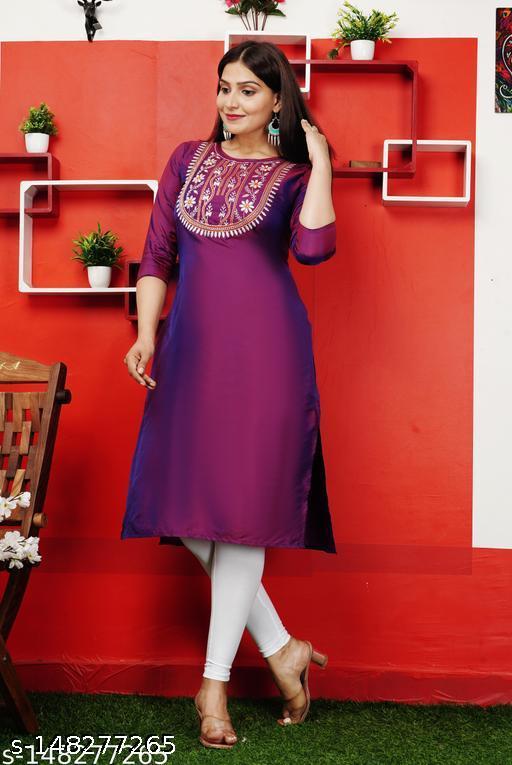 Neha Purple New Stylish ArtSilk Round Neack with Emrodery work  Kurti for Women