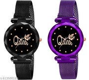Analogue Studded Stylish Queen Black Dial Magnet Watch with Gift Bracelet for Women or Girls and Watch for Girl or Women (Combo of 2)