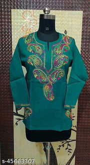 Trendy Petite chikankari handwork embroidered multi thread green short cotton Kurtis