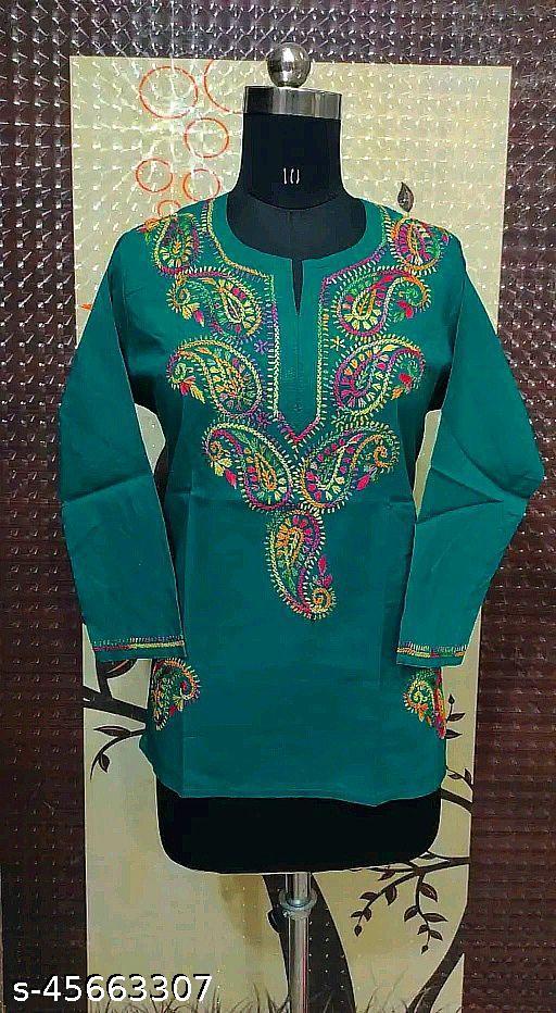 Trendy Petite chikankari handwork embroidered multi thread green short cotton Kurtis