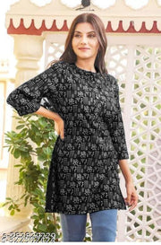 Black Short Kurti, Printed Rayon Kurti For Women, 3/4 Sleeves Kurti for Women & Girls, Party Wear Kurti for Women