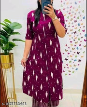 Women Wine Purple Printed Kurti Pant Set | Stylish Printed Kurta Set for Women | 3/4 Sleeve Ethnic Kurti with Pant | Daily & Office Wear