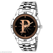 Skoal Analog Round Black Dial ALPHABET P Design Stylish Silver Stainless Steel Strap Classic Design Fancy Wrist Watch for Men and Boys, Pack of 1 - ALPHA-P-AVO-SIL-STL