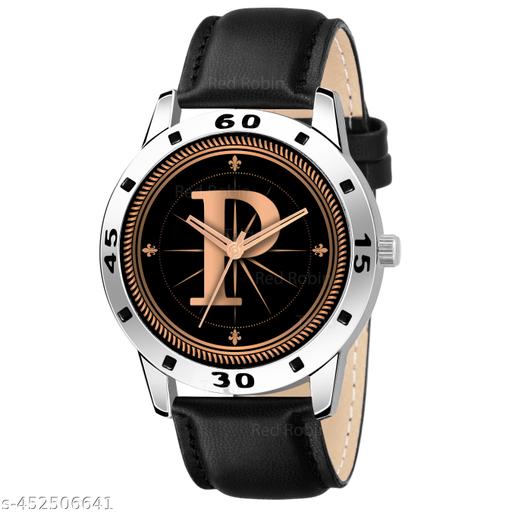 Gadgets WorldAnalog Round Black Dial ALPHABET P Design Stylish Black Leather Strap Classic Design Fancy Wrist Watch for Men and Boys, Pack of 1 - ALPHA-P-AVO-SIL-BLK-L -1