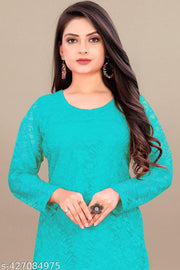 Trendy Light Sky Blue Designer Net Kurti | Light Sky Blue Net Kurti for Women | Designer Embroidered Partywear Kurti