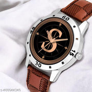 Welix Analog Round Black Dial ALPHABET S Design Stylish Brown Leather Strap Classic Design Fancy Wrist Watch for Men and Boys, Pack of 1 - ALPHA-S-AVO-SIL-BRW-CHL