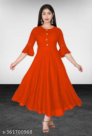 Stylish Anarkali Kurti with Gown Flare Latest Design Trendy Three Quarter Sleeve (ORANGE)