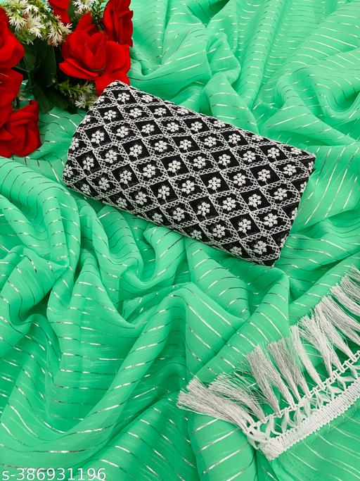 Women'S Pure Georgette Silver Line Foil Print And Zalar Sari With Georgette Embroidered Work Solid Blouse