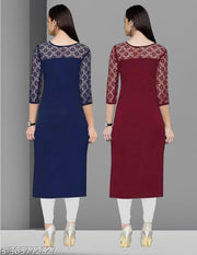 Pack of 1 Casual American Crepe And Net Round-Neck 3/4 Length Sleeves Navy Blue & Maroon Kurti (42"Inches)