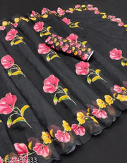 Linen cotton digital print with hand work,cut work Saree