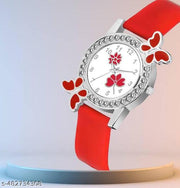 Diamond-Studded Flower Design Dial Analog Watch with Red PU Strap for Girls & Women (Pack of 1)