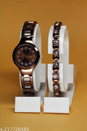 Best Quality Flower Designer Metal Belt Analog Watches combo with Cosmic Diamond Bracelet for Women
