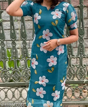 Trendy Teal Floral Print Puff Sleeve Kurti for Women | Casual & Festive Wear