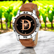 Femeo  Analog 9111 Watches Round Black Dial D Design Stylish Beige Leather Strap Classic Design Fancy Wrist Watch for Men and Boys, Pack of 1 - A07ZALPHA-D-AVO-SIL-TAN-CRL