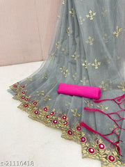 Luxury Soft Net Ethnic Saree with Golden Thread Embroidery, Designer Mirror Work Floral Border and Matching Blouse Piece for Women
