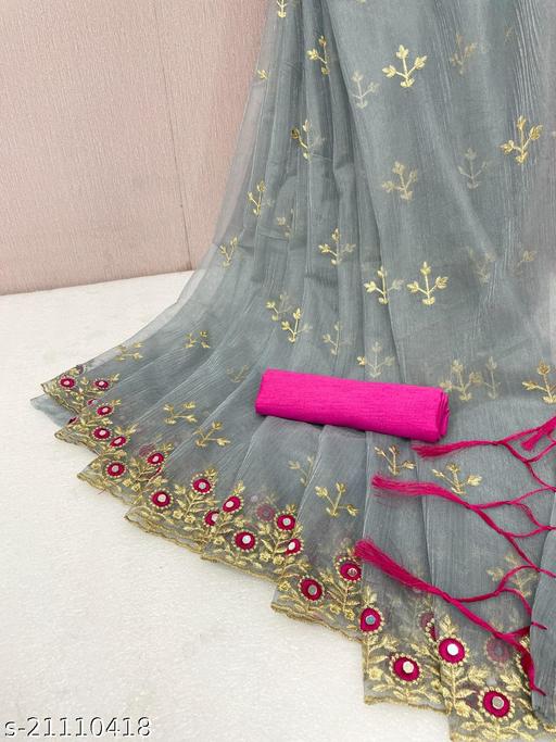 Luxury Soft Net Ethnic Saree with Golden Thread Embroidery, Designer Mirror Work Floral Border and Matching Blouse Piece for Women
