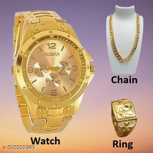 Trendy Rosra Golden Formal Watch For Men's Ring +Chain Free (GOLDEN RING+ CHAIN)