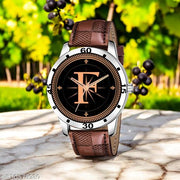 Femeo  Analog 9109 Watches Round Black Dial F Design Stylish Brown Leather Strap Classic Design Fancy Wrist Watch for Men and Boys, Pack of 1 - A07ZALPHA-F-AVO-SIL-BRW-CHL