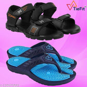 TieFit Men's Accupressure Non-Slip Slippers & Light Weight Sandal Combo Pair Of 2