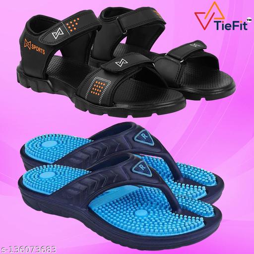 TieFit Men's Accupressure Non-Slip Slippers & Light Weight Sandal Combo Pair Of 2