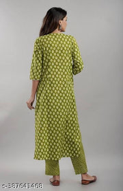 Stylish Green Cotton Printed Kurta Set with Dupatta for Women