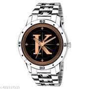 Natrix Analog Round Black Dial ALPHABET K Design Stylish Silver Stainless Steel Strap Classic Design Fancy Wrist Watch for Men and Boys, Pack of 1 - ALPHA-K-AVO-SIL-STL