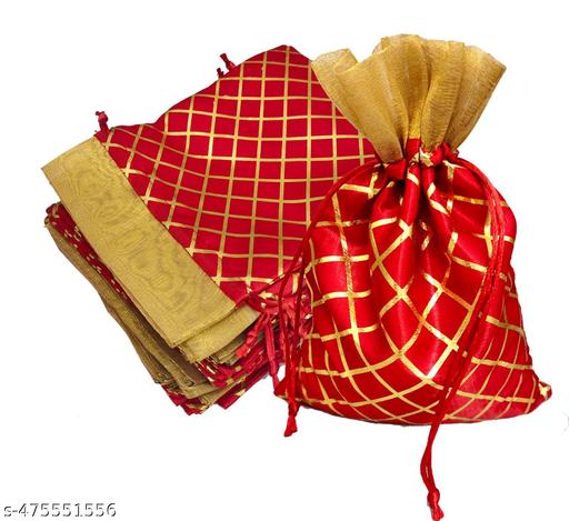 3A FEATURETAIL 13Cm X 18Cm 10pc Red Color Golden Berfi Print Small Drawstring Bags Pouches Potli For Gift, Jewelry, Dryfruits & Candy