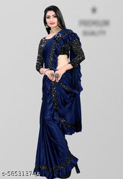 Blue Lycra Saree with Sequins Work Blouse | Modern Ruffle Saree for Women