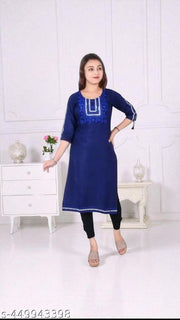 Women's Cotton Embroidered Teal Straight Kurti For Office/Party Wear