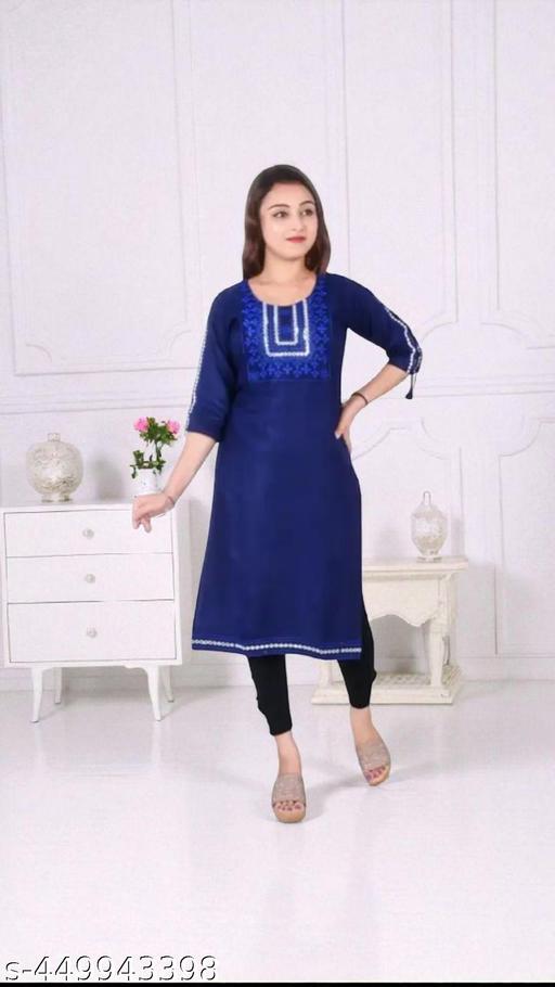 Women's Cotton Embroidered Teal Straight Kurti For Office/Party Wear
