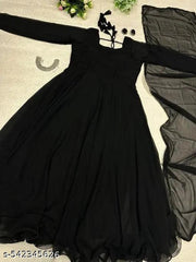 fabric by Georgette round neck stylish sleeve plan long wear casual formal wedding function party wear gown women dress long and girl