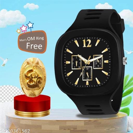 Black Miller Gold Dial Analog Man's & Boy's Analog Watch (OM Ring)
