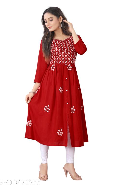 Women Embroidered Cotton Rayon Flared  Kurta  Anarkali Kurti Red