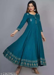Teal blue border shri balaji center and finishing  Kurtis