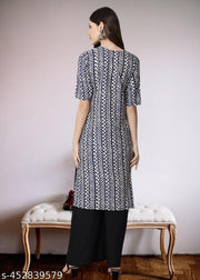 Casual American Crepe Round-Neck 3/4 Length Sleeves Chevron Printed Straight Navy Blue Kurti (45"Inches)