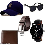Pack of 5 Stylish Dial Watch, Stylish Sport Baseball Cap & Stylish  Wayfarer Sunglass  Wellet Belt for Men's and Boy's (Pack of 5) (pack of 5..)summer accesories |fashionable combo|branded combo|voguish cap|latest cap|designer cap|