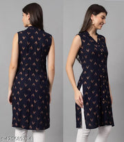 BluGrass: Sleeveless kurti with a shirt collar- Front and Side slit, Blue-Gold