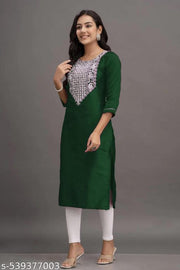 Meesho New Launch latest Very Beautiful Green Color Simple Straight Embroidered Sequenca Work Designer Round Neck Women Kurti Kurta Dress